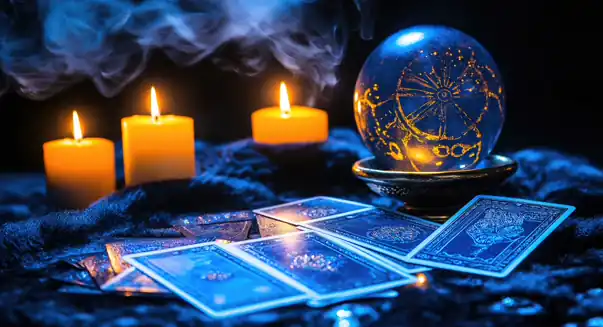 una sfera di cristallo blu con tre candele accese gialle e un mazzo di carte dei tarocchi blu su tovaglia blu