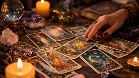 carte dei tarocchi stese sul tavolo con mano di cartomante candele sfera di vetro e cristalli